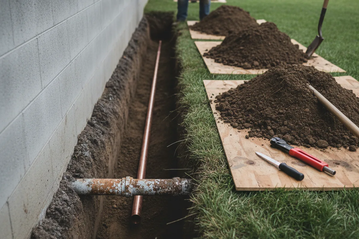 Excavated water line trench during Water Heater Repair in Farmville